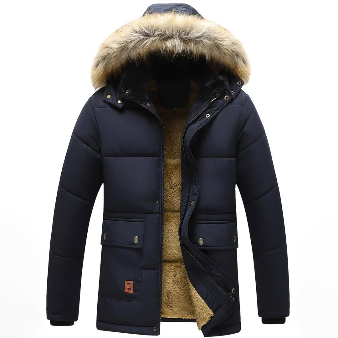 Men's navy quilted thigh-length hooded parka jacket with fur trim, warm winter fleece coat