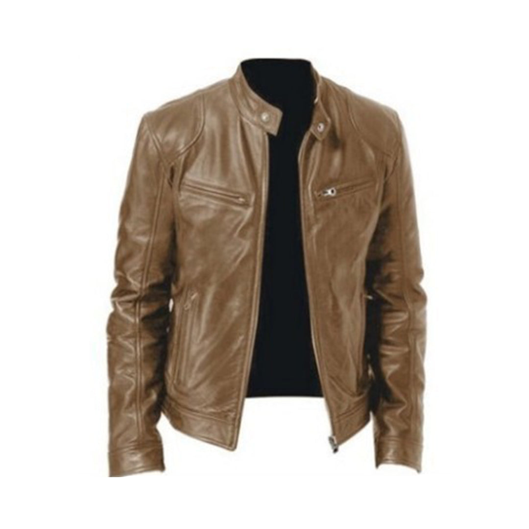 Men's black PU leather slim fit biker jacket with bold zipper details for urban street style