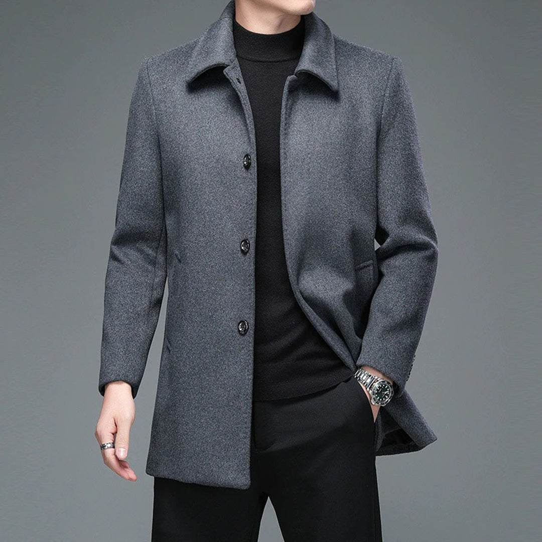 Men's slim fit wool blend single breasted formal coat by Urbann Vibe with sharp tailored silhouette