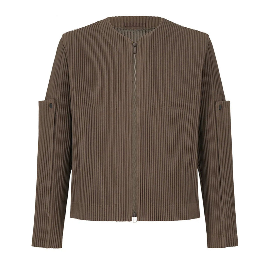Pleated zip-up jacket in neutral tones, architectural fit, polyester-nylon blend for modern professionals