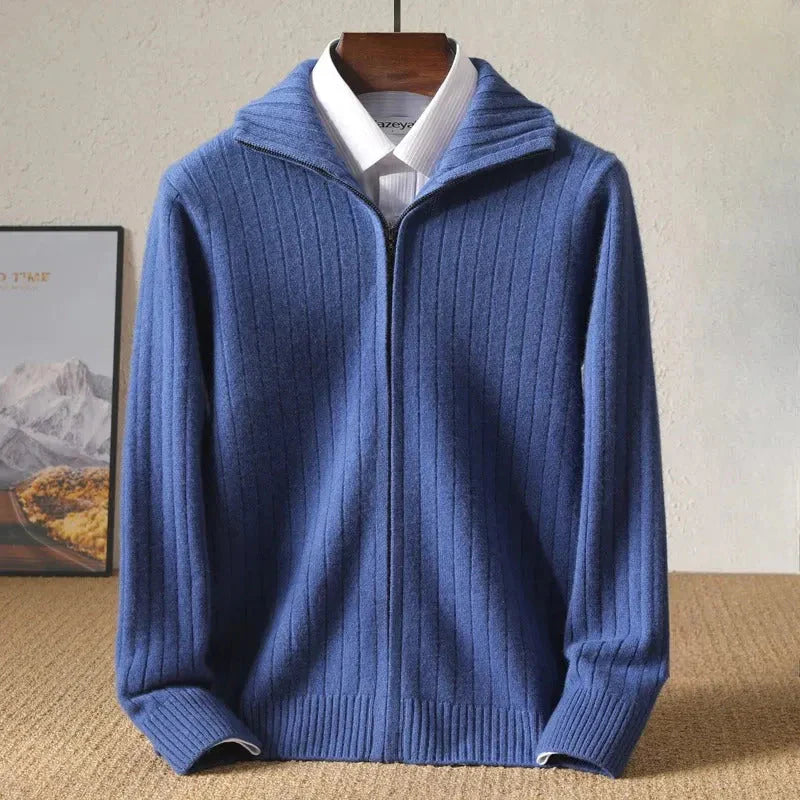 Monroe ribbed wool zip-up cardigan in neutral tone, tailored smart casual fit with full-zip closure