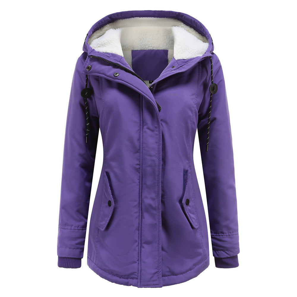 Women's waterproof fleece-lined rain jacket tailored fit hooded mid-length polished silhouette