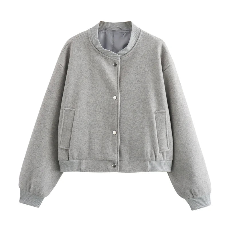 Women's cropped wool-blend bomber jacket with round neckline, snap closure, and side pockets