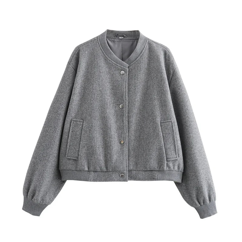 Women's cropped wool-blend bomber jacket with round neckline, snap closure, and side pockets