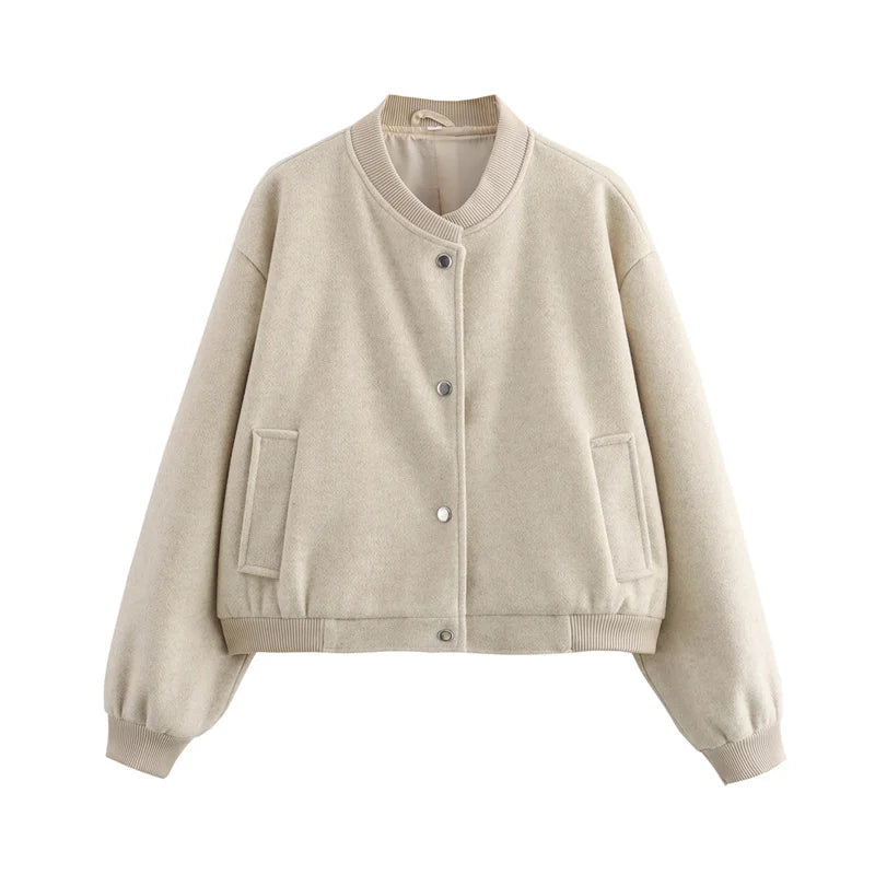 Women's cropped wool-blend bomber jacket with round neckline, snap closure, and side pockets