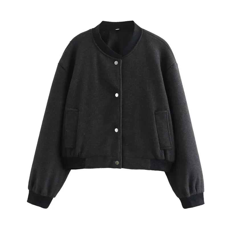 Women's light cropped wool-blend bomber jacket with round neckline, snap closure, and side pockets