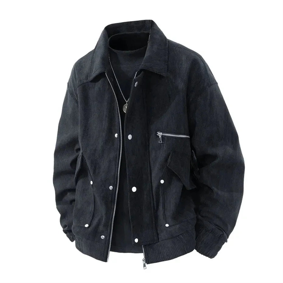 Mabel brown corduroy tech jacket streetwear style with dual zip and button closure