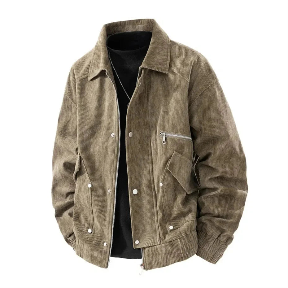 Mabel brown corduroy streetwear jacket with dual zip-and-button closure for warm durable style
