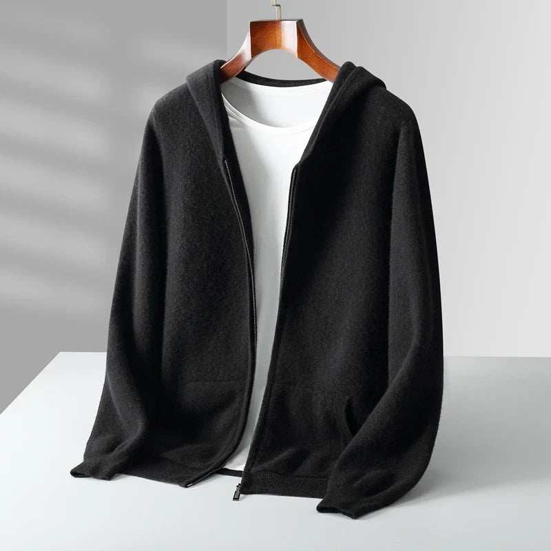 Macio unisex cashmere zip hoodie in lightweight fine knit with full-zip closure and spacious hood