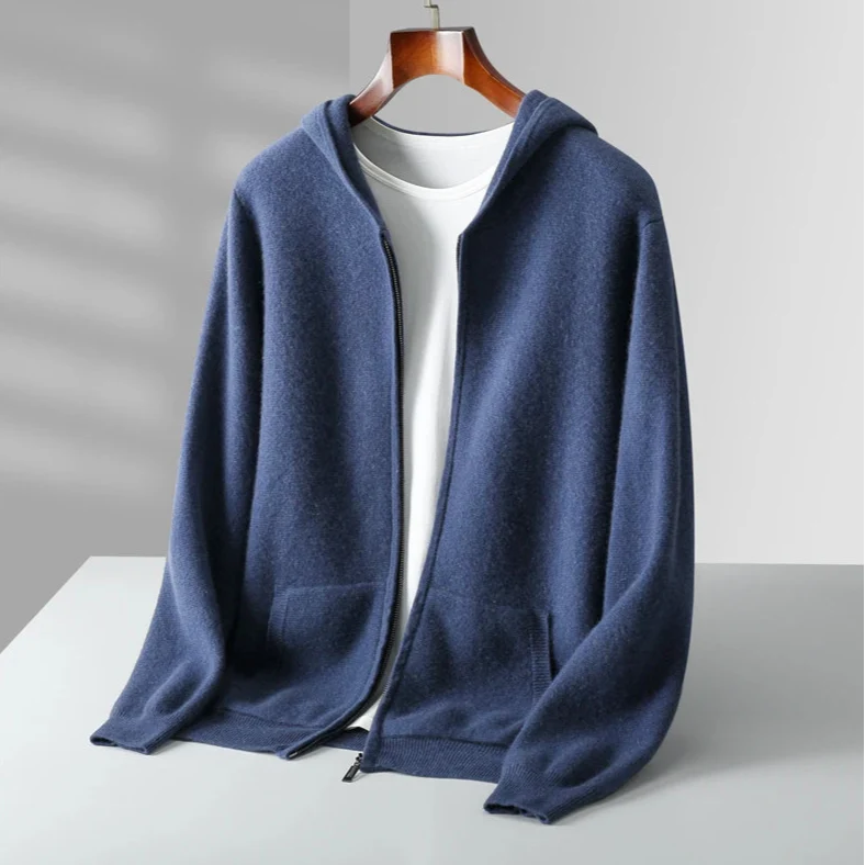 Macio unisex cashmere zip hoodie in lightweight fine knit with full-zip front and spacious hood