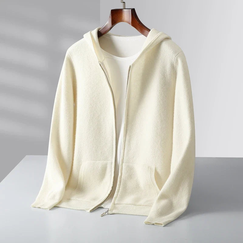 Unisex cashmere zip hoodie lightweight knit full-zip spacious hood cozy luxury layering piece