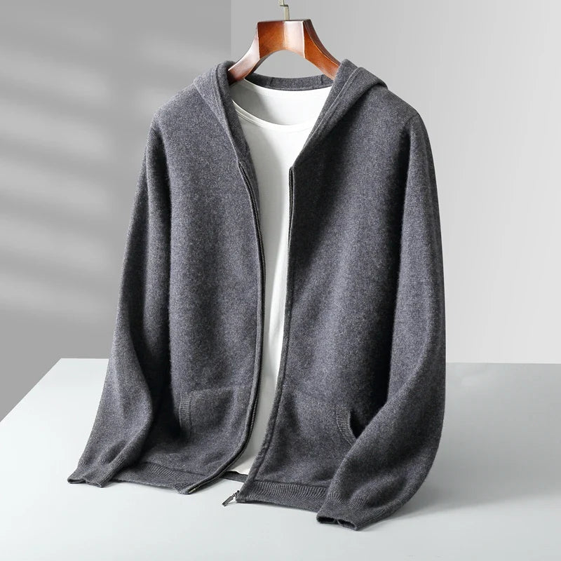 Macio unisex cashmere zip hoodie in lightweight fine knit with full-zip front and spacious hood