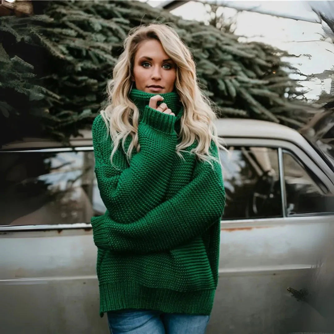 Women's oversized chunky knit turtleneck sweater relaxed fit slouchy silhouette effortless style