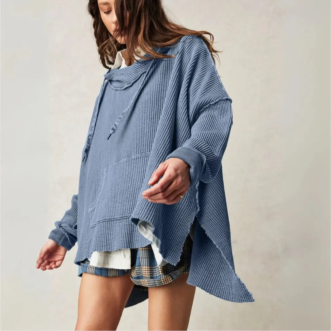 Women's oversized waffle knit hoodie in neutral tone, relaxed fit with kangaroo pocket