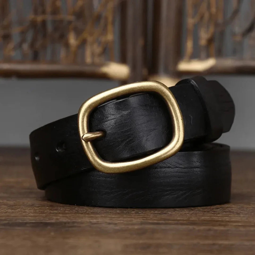 Maddie slim brown full-grain leather belt with vintage brass buckle for everyday style