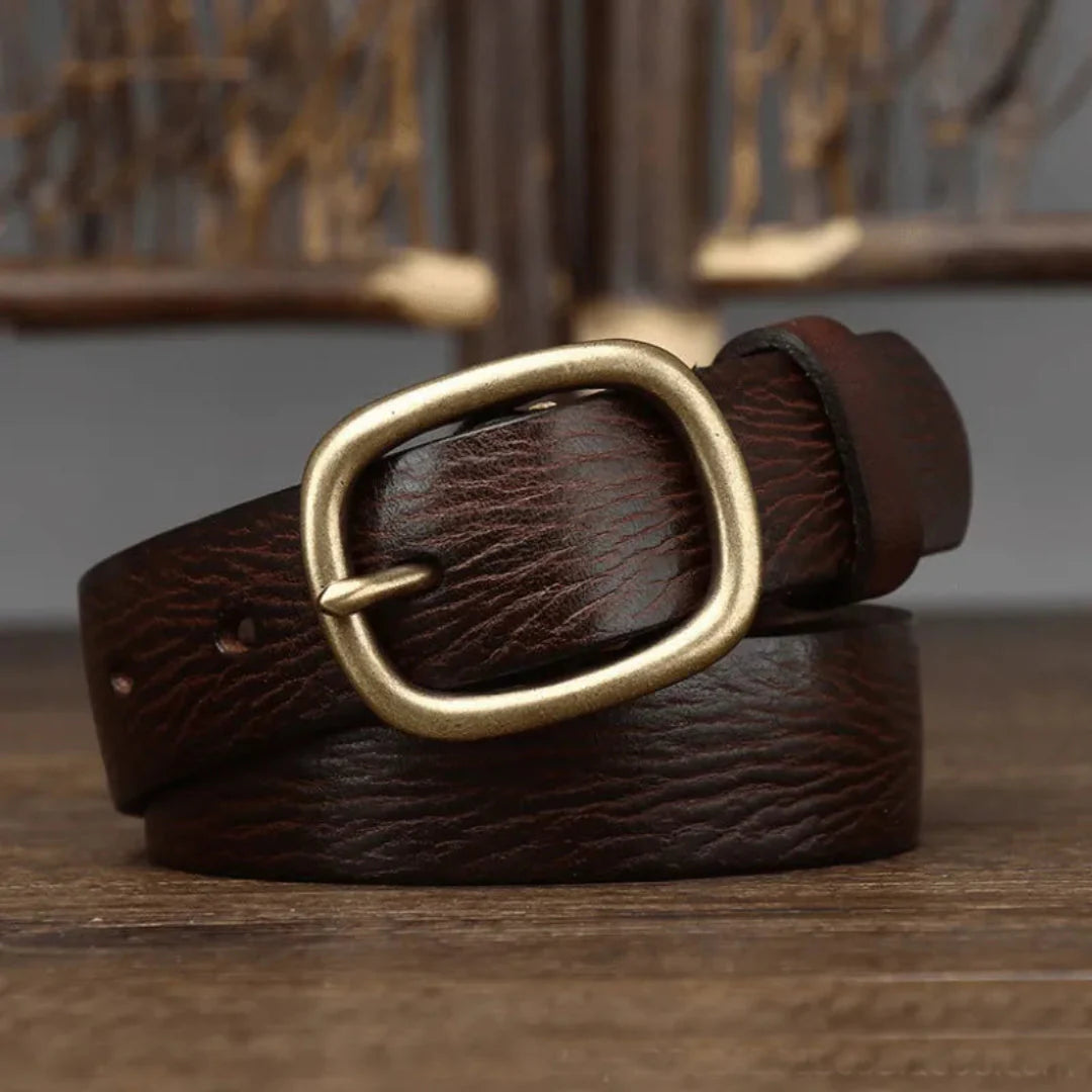 Maddie slim brown full-grain leather belt with vintage brass buckle for everyday style