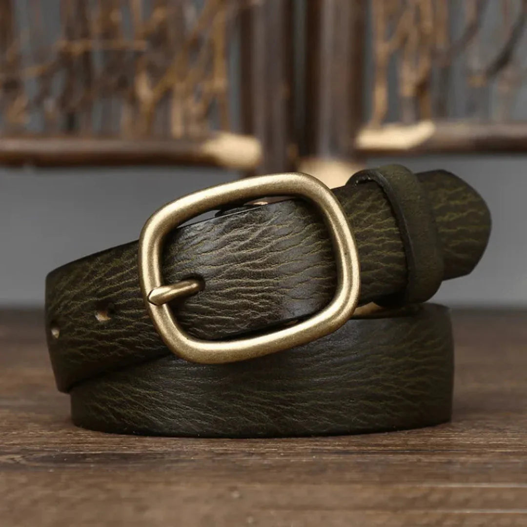 Maddie slim brown full-grain leather belt with vintage brass buckle for everyday style