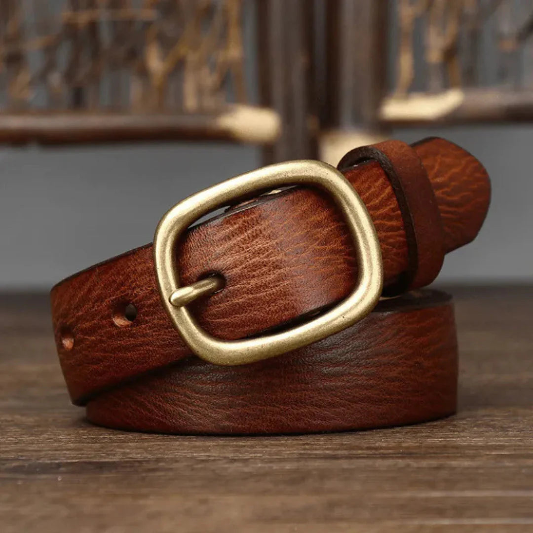 Maddie slim brown full-grain leather belt with vintage brass buckle for everyday style