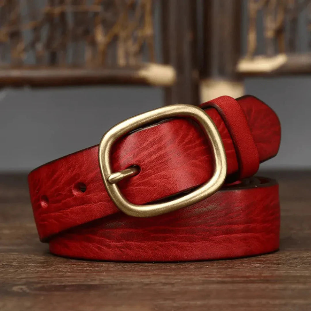 Maddie slim brown full-grain leather belt with vintage brass buckle for everyday style