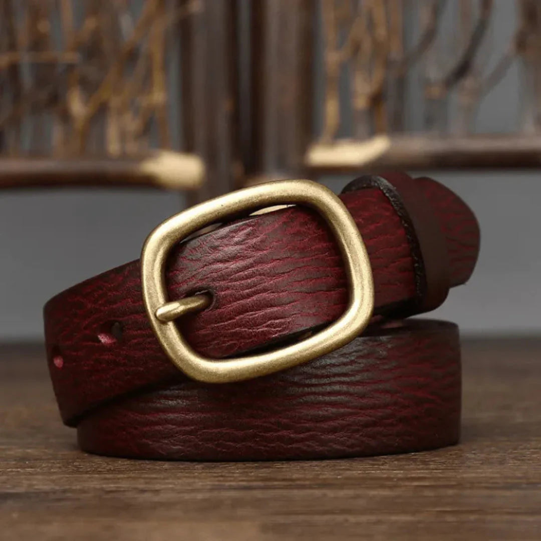 Maddie slim brown full-grain leather belt with vintage brass buckle for everyday style