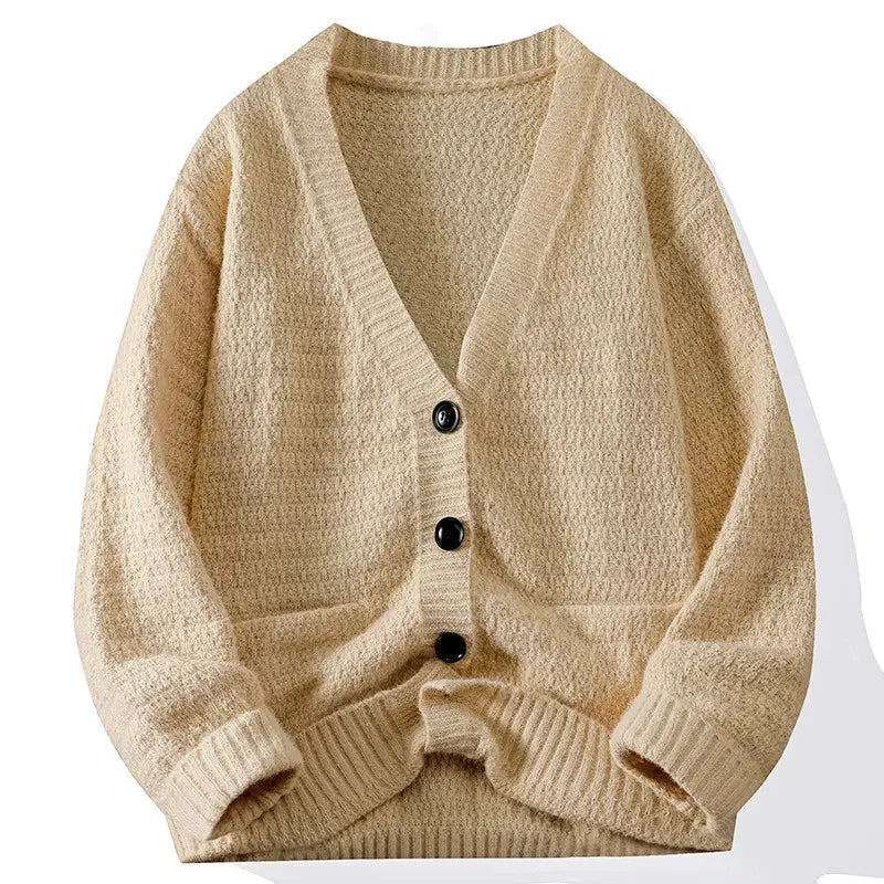 Women's relaxed knit cardigan deep V-neck classic style with contrast buttons effortless layering piece