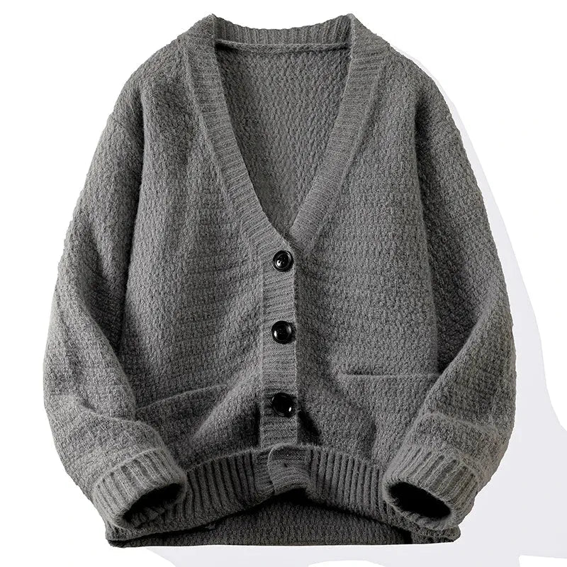 Women's relaxed knit cardigan deep V-neck classic style with contrast buttons effortless layering piece
