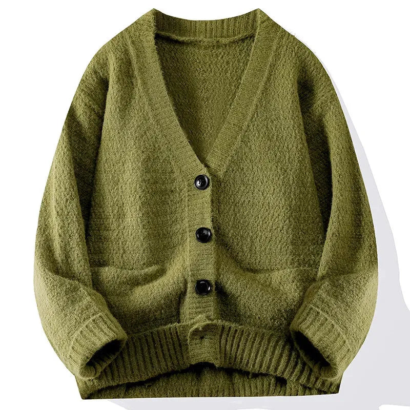 Women's relaxed knit cardigan deep V-neck classic style with contrast buttons in neutral tone