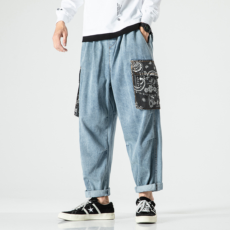 Men's blue paisley denim joggers relaxed fit with dropped crotch and oversized patch pocket