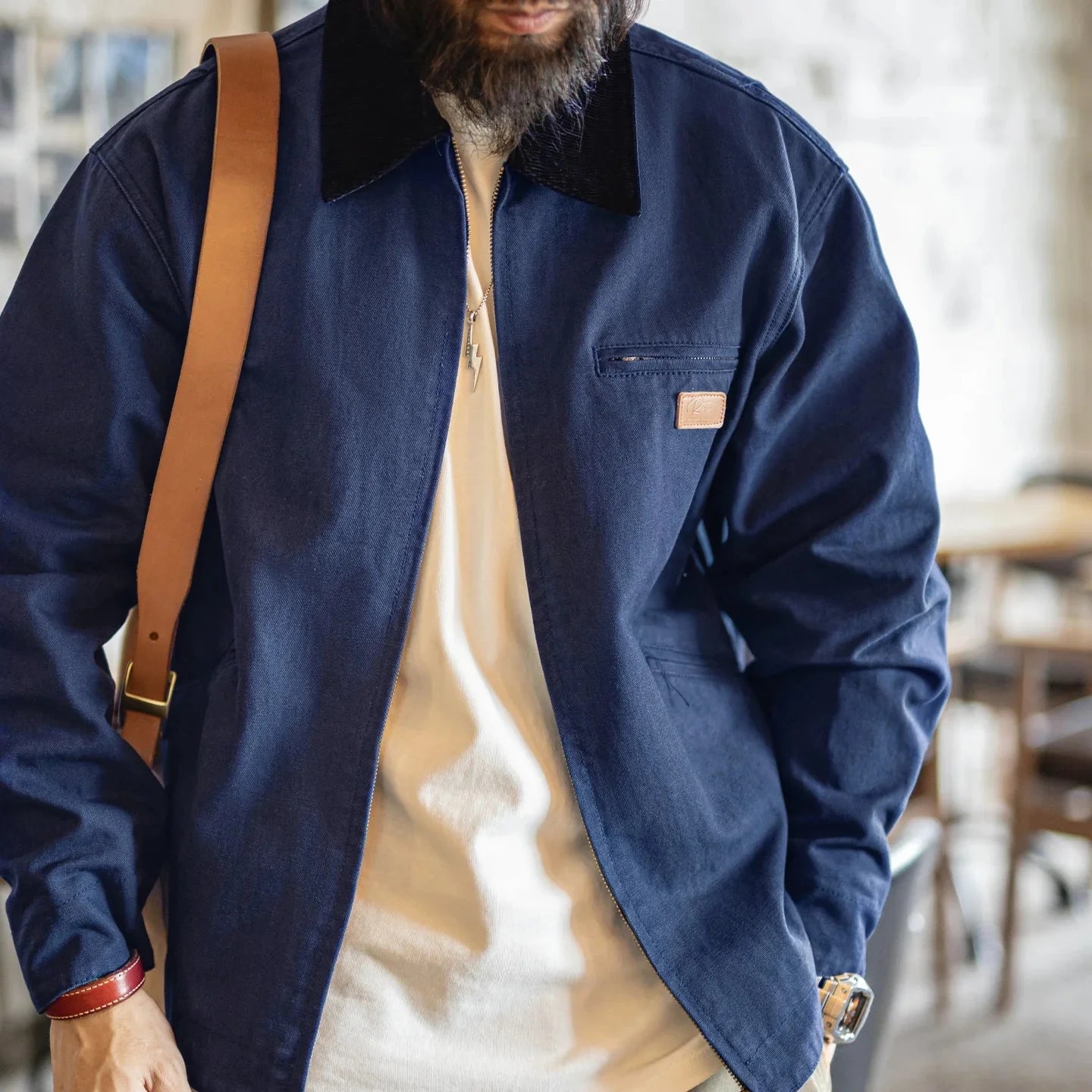 Brown cotton canvas workwear jacket corduroy turn-down collar soft inner lining durable everyday style