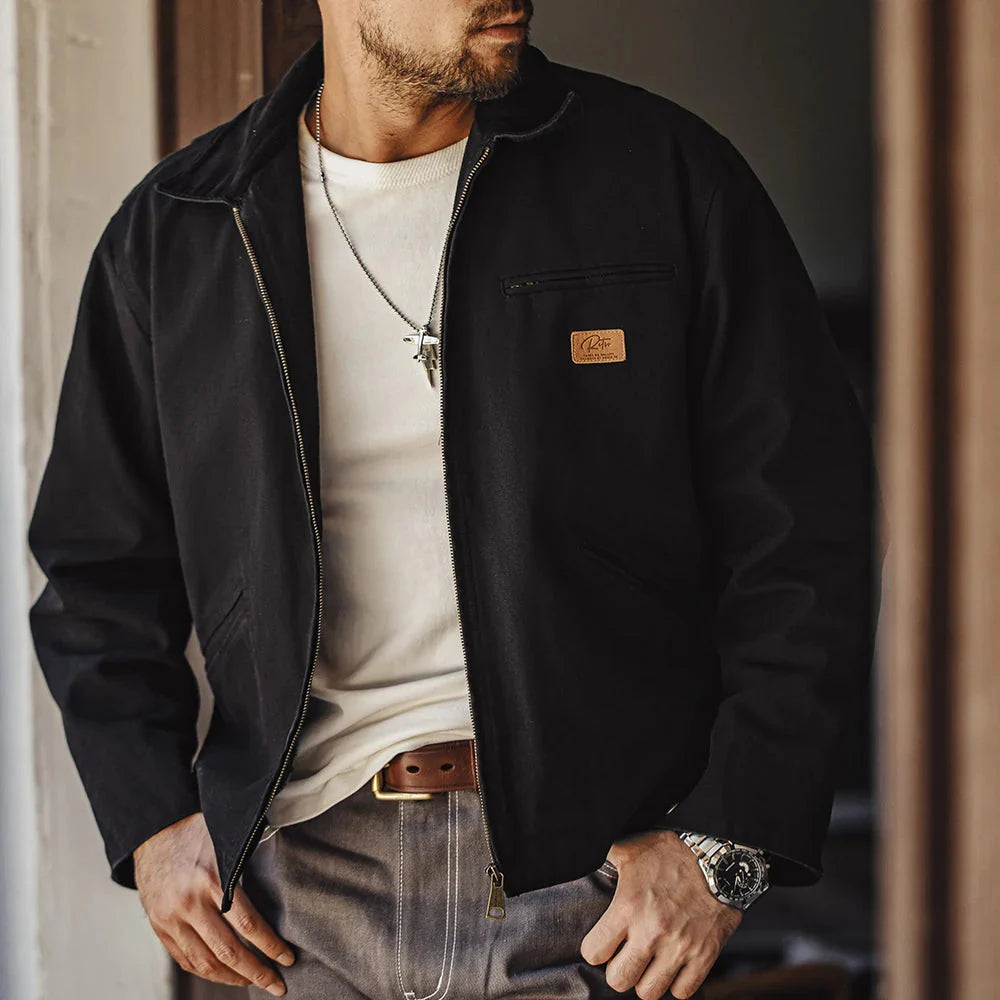 Brown cotton canvas workwear jacket corduroy collar soft inner lining durable everyday layering style