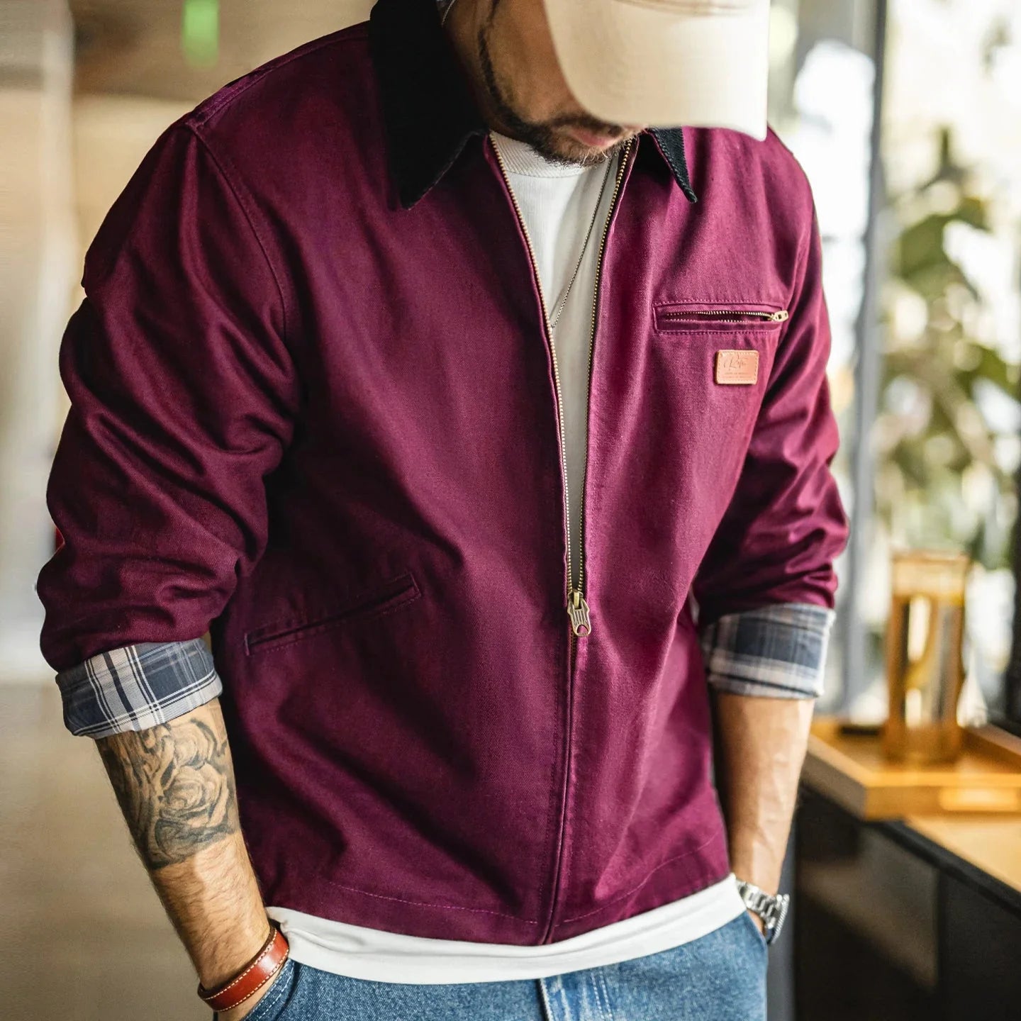 Brown cotton canvas workwear jacket corduroy collar soft lining durable everyday layering style
