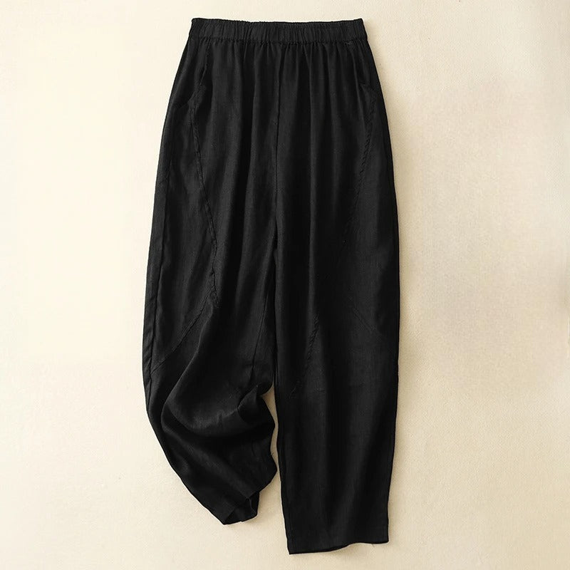 Madina beige linen-blend tapered pants with elastic waist and subtle seam panel detailing