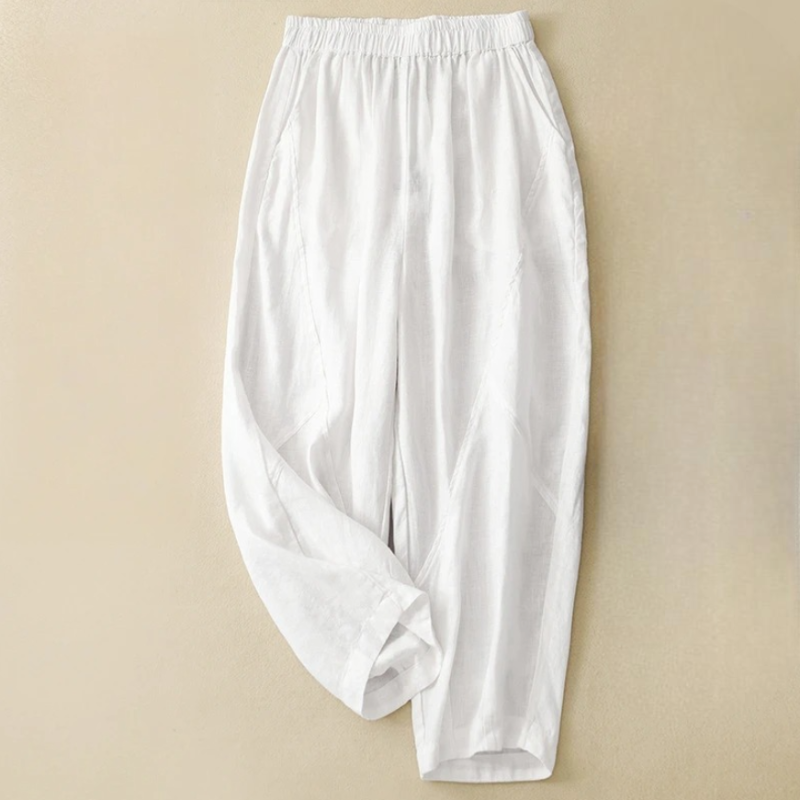 Madina taupe linen-blend tapered pants with elastic waist and artful seam panel detailing