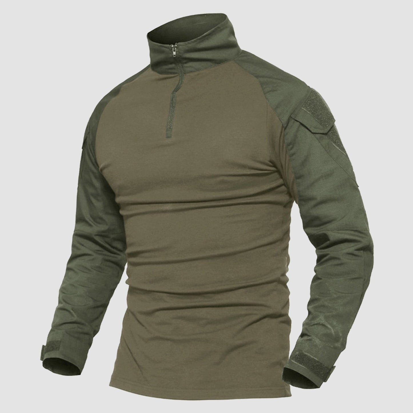Men's olive quarter-zip tactical shirt with abrasion-resistant forearms, sleeve pockets, lightweight military cut