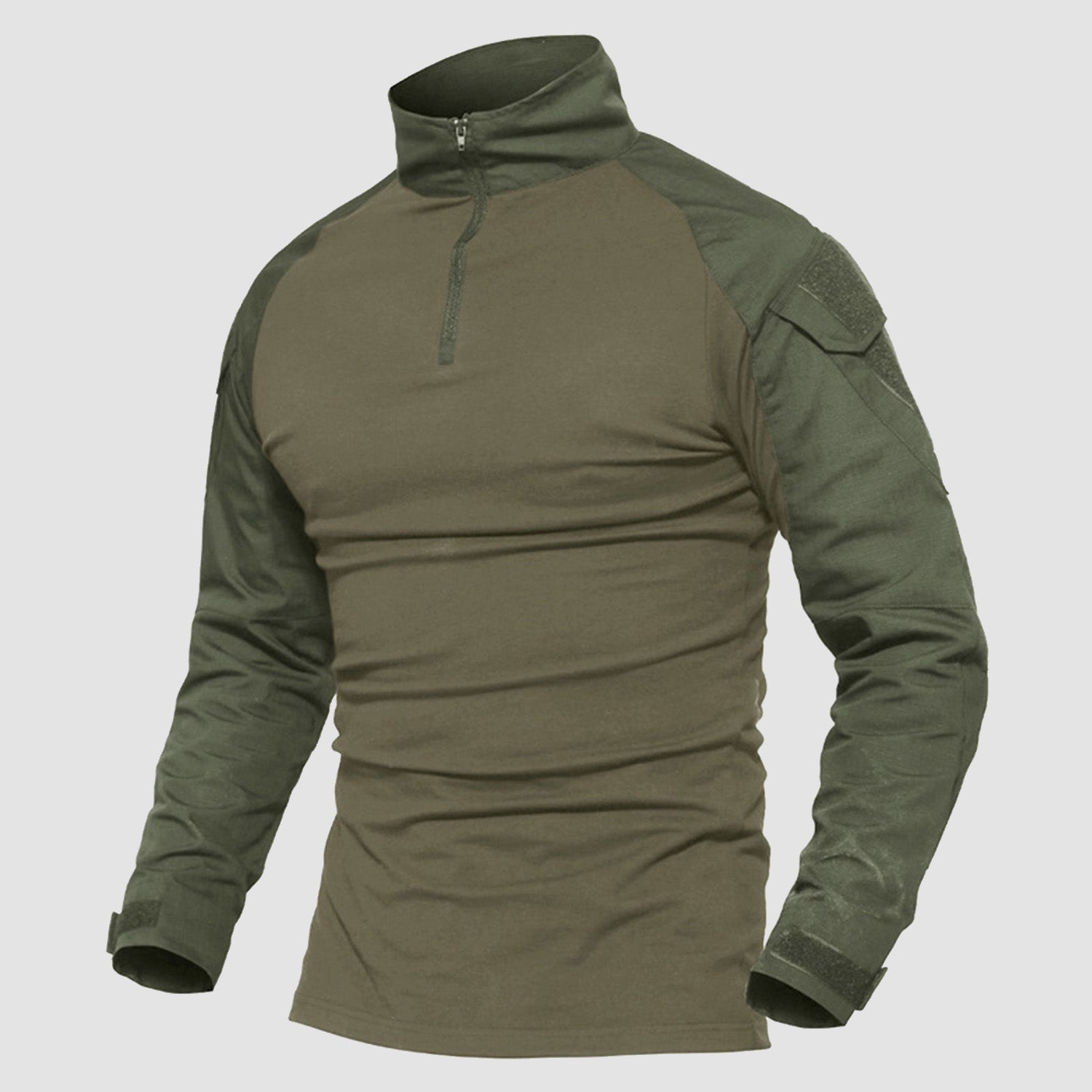 Men's olive quarter-zip tactical shirt with abrasion-resistant forearms, sleeve pockets, lightweight military cut