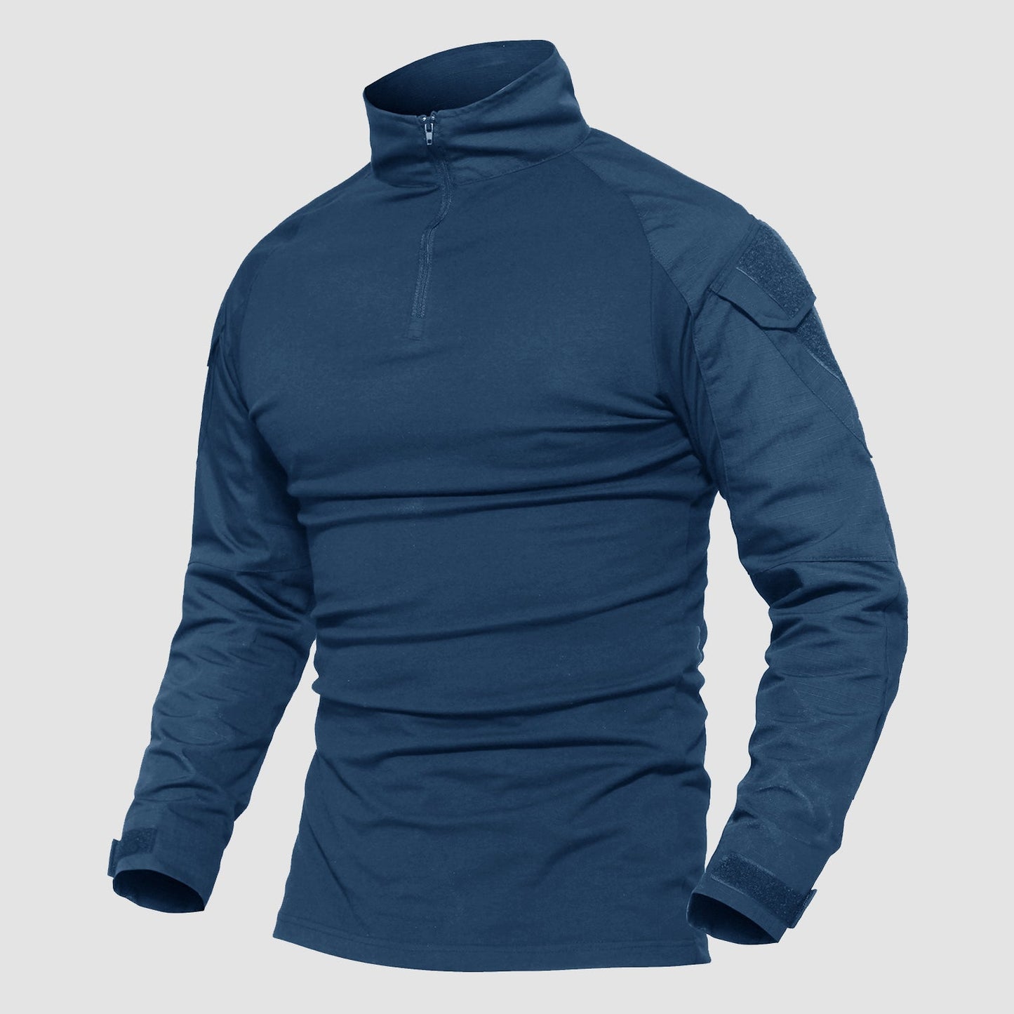 Men's olive tactical quarter-zip military shirt with abrasion-resistant forearms and sleeve pockets