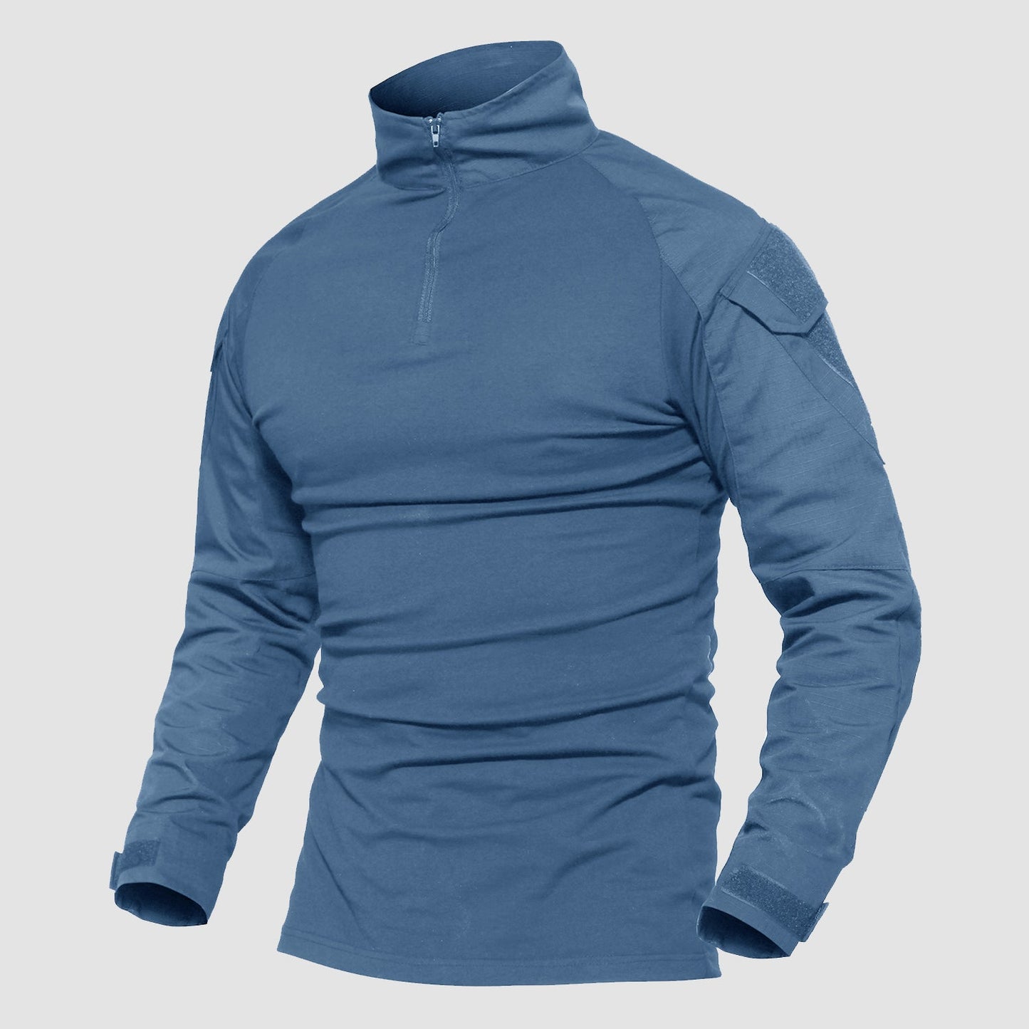 Men's olive tactical quarter-zip shirt with abrasion-resistant forearms and sleeve pockets