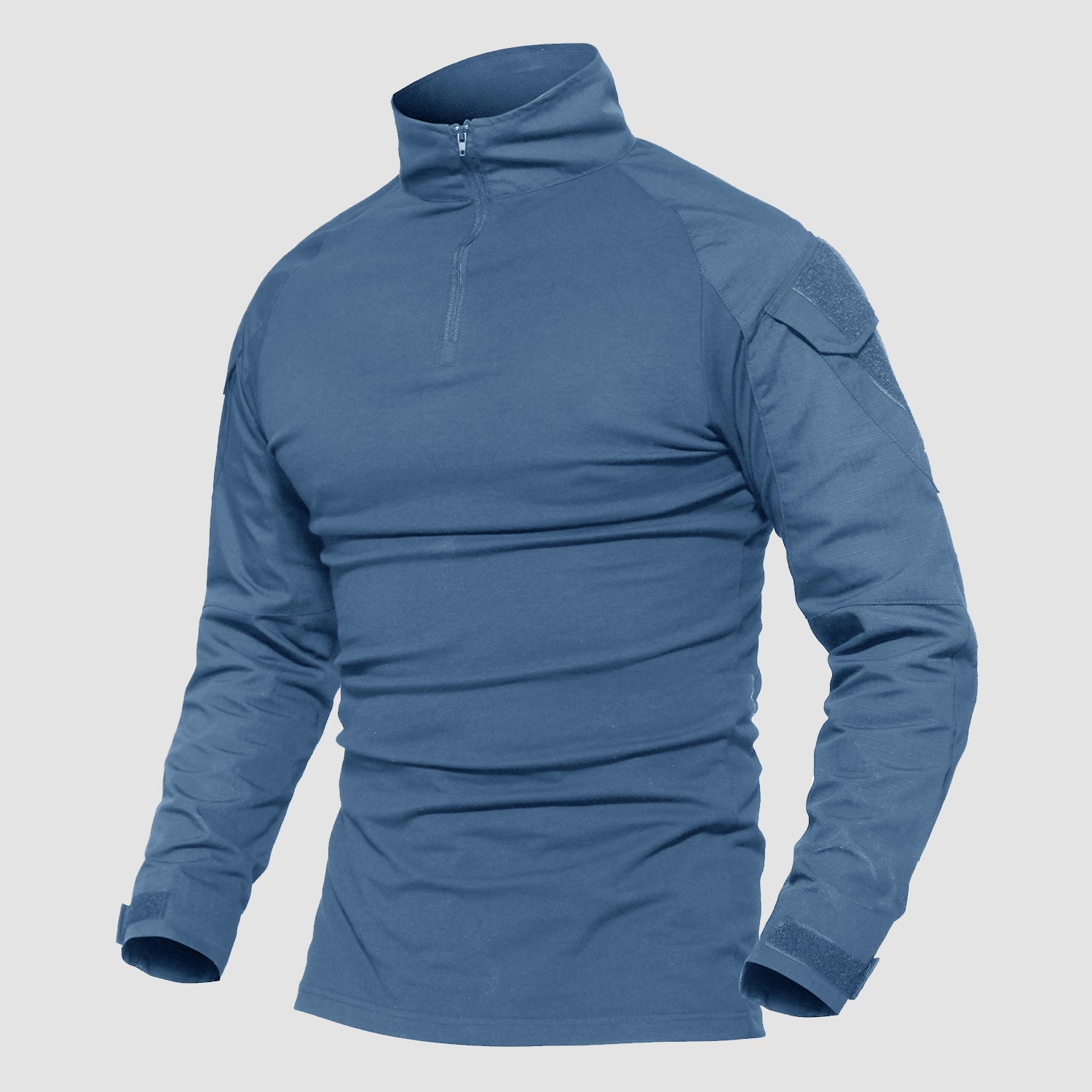 Men's olive tactical quarter-zip shirt with abrasion-resistant forearms and sleeve pockets