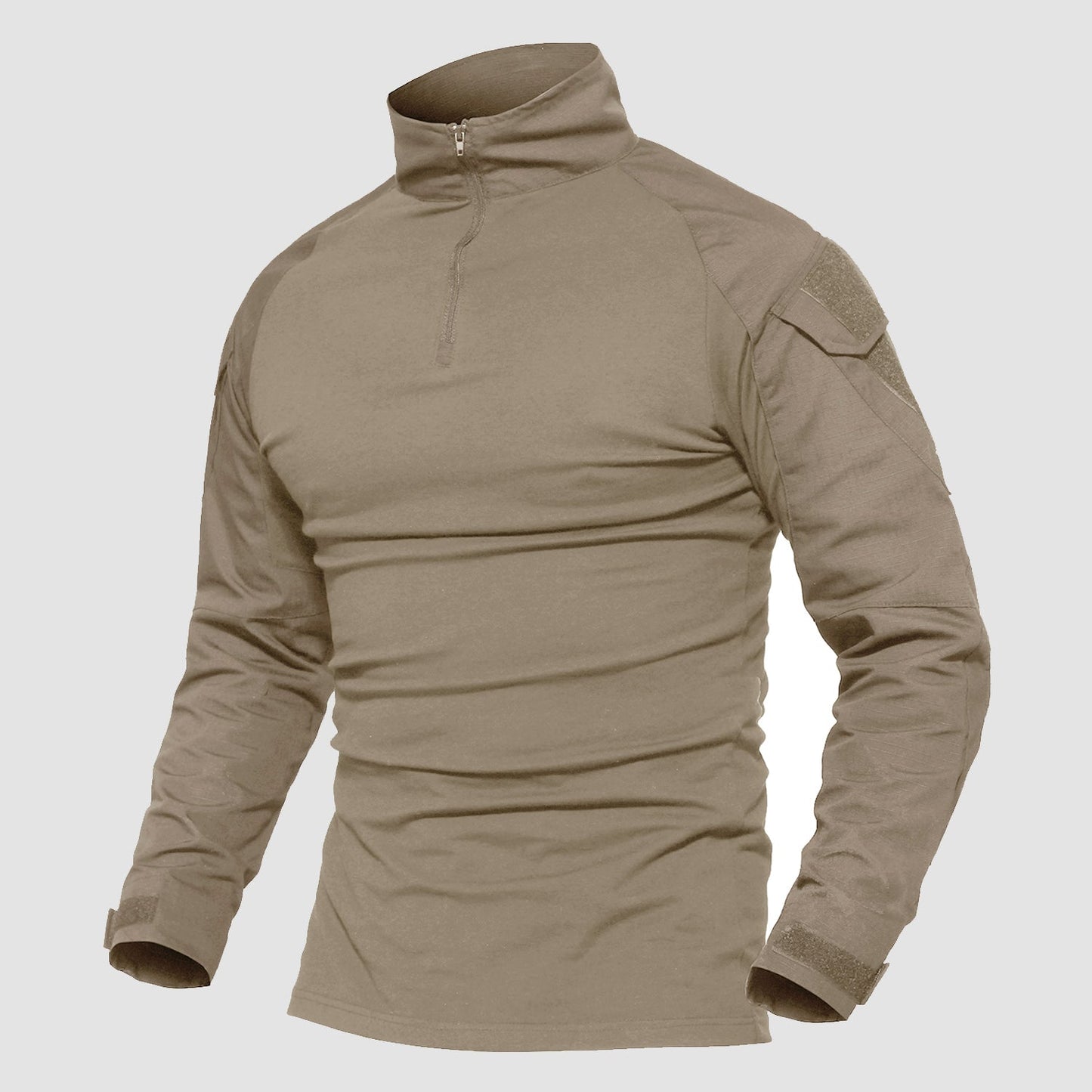 Men's olive tactical quarter-zip shirt with sleeve pockets and abrasion-resistant forearms