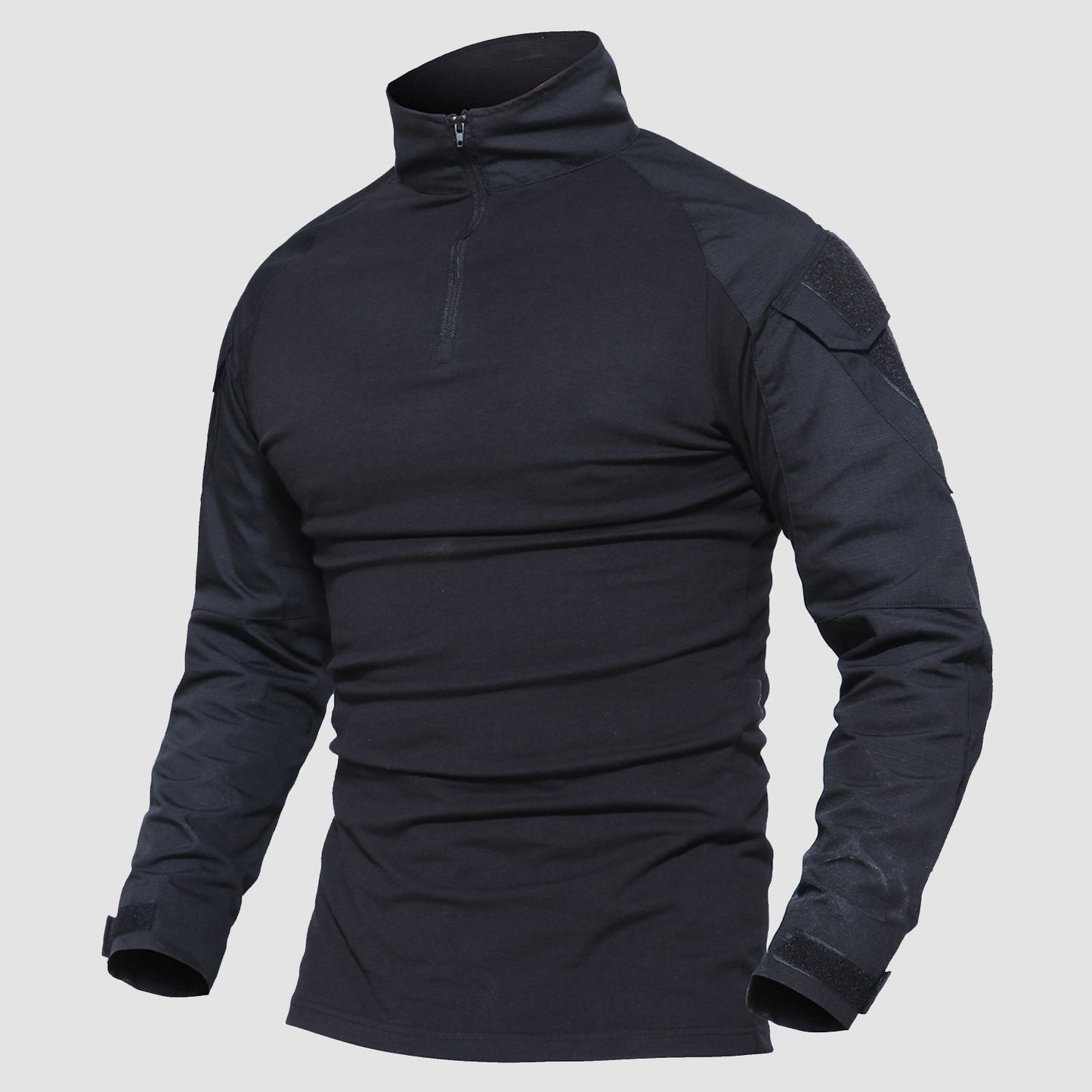 Men's quarter-zip tactical military shirt, lightweight khaki with abrasion-resistant forearms and sleeve pockets