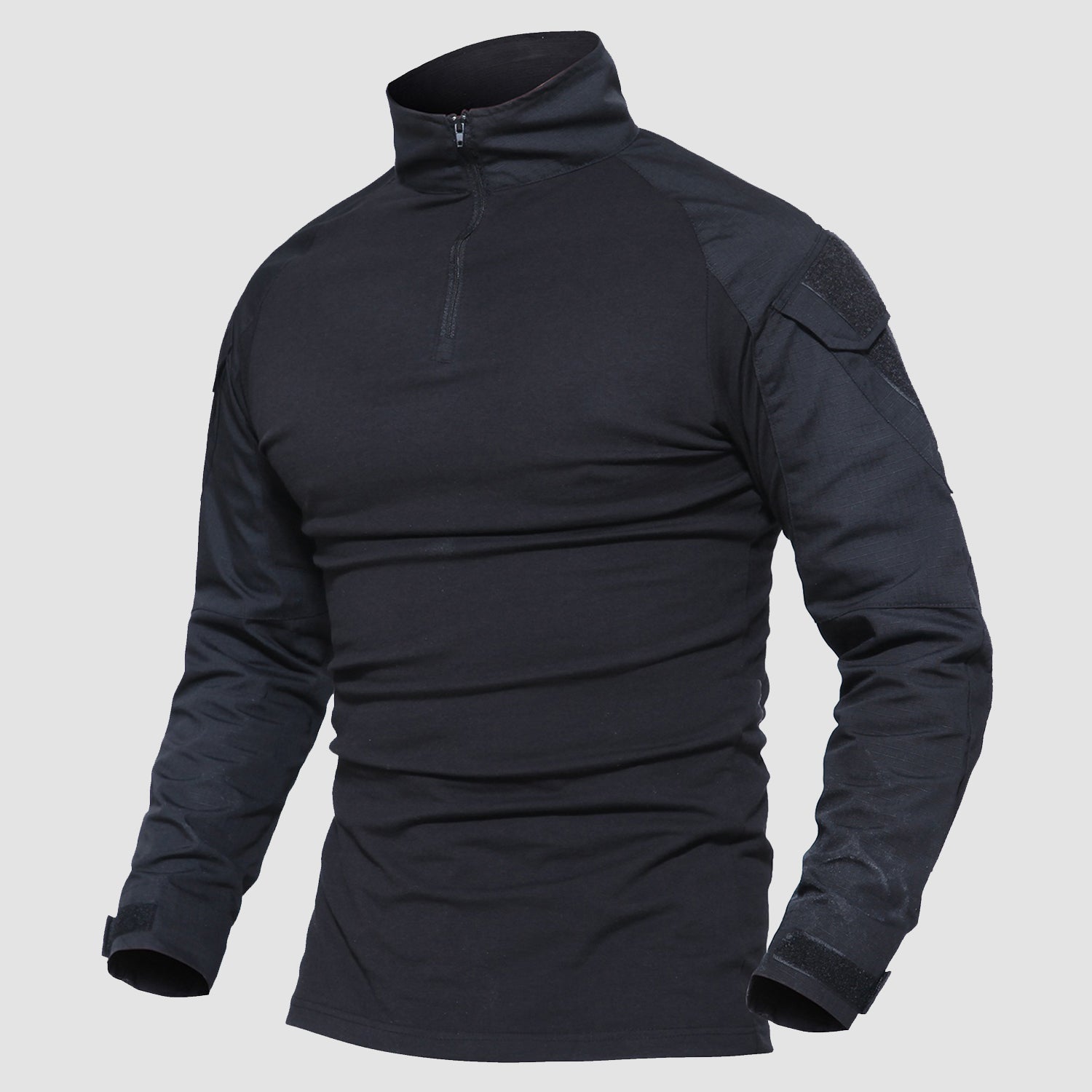 Men's quarter-zip tactical military shirt, lightweight khaki with abrasion-resistant forearms and sleeve pockets