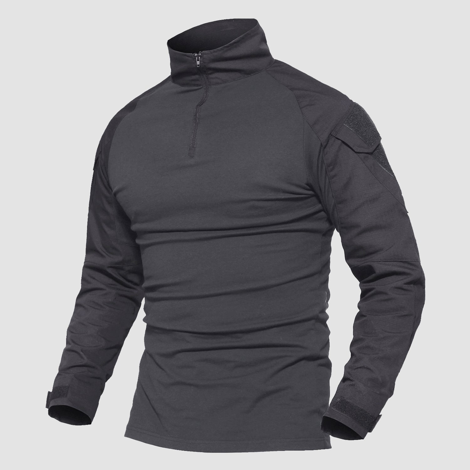 Men's olive tactical quarter-zip military shirt with abrasion-resistant forearms and sleeve pockets