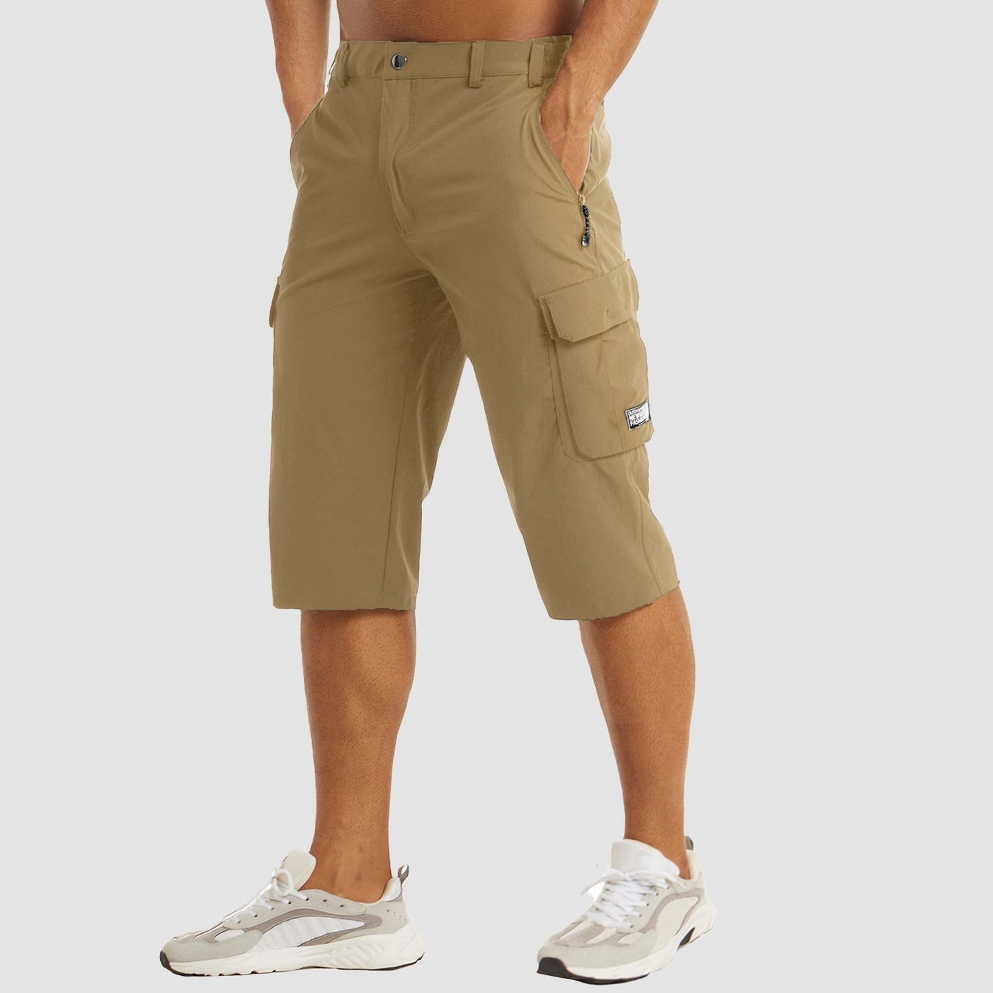 Men's khaki cargo shorts quick-dry stretch fabric multiple pockets outdoor adventure