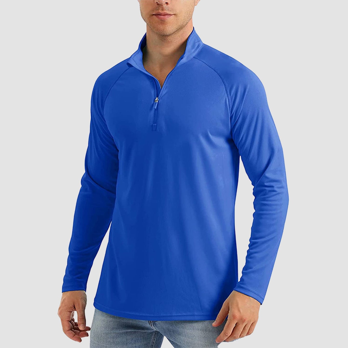 Men's light blue UPF50+ quarter zip sun shirt, loose fit with moisture-wicking cooling fabric