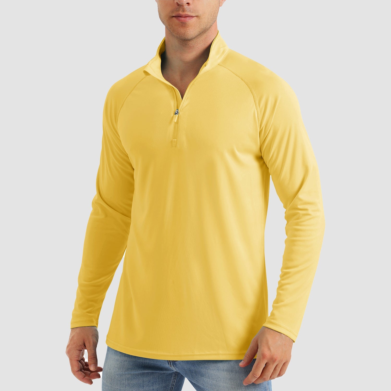 Men's light blue UPF 50+ quarter-zip sun shirt, lightweight moisture-wicking long sleeve for outdoors