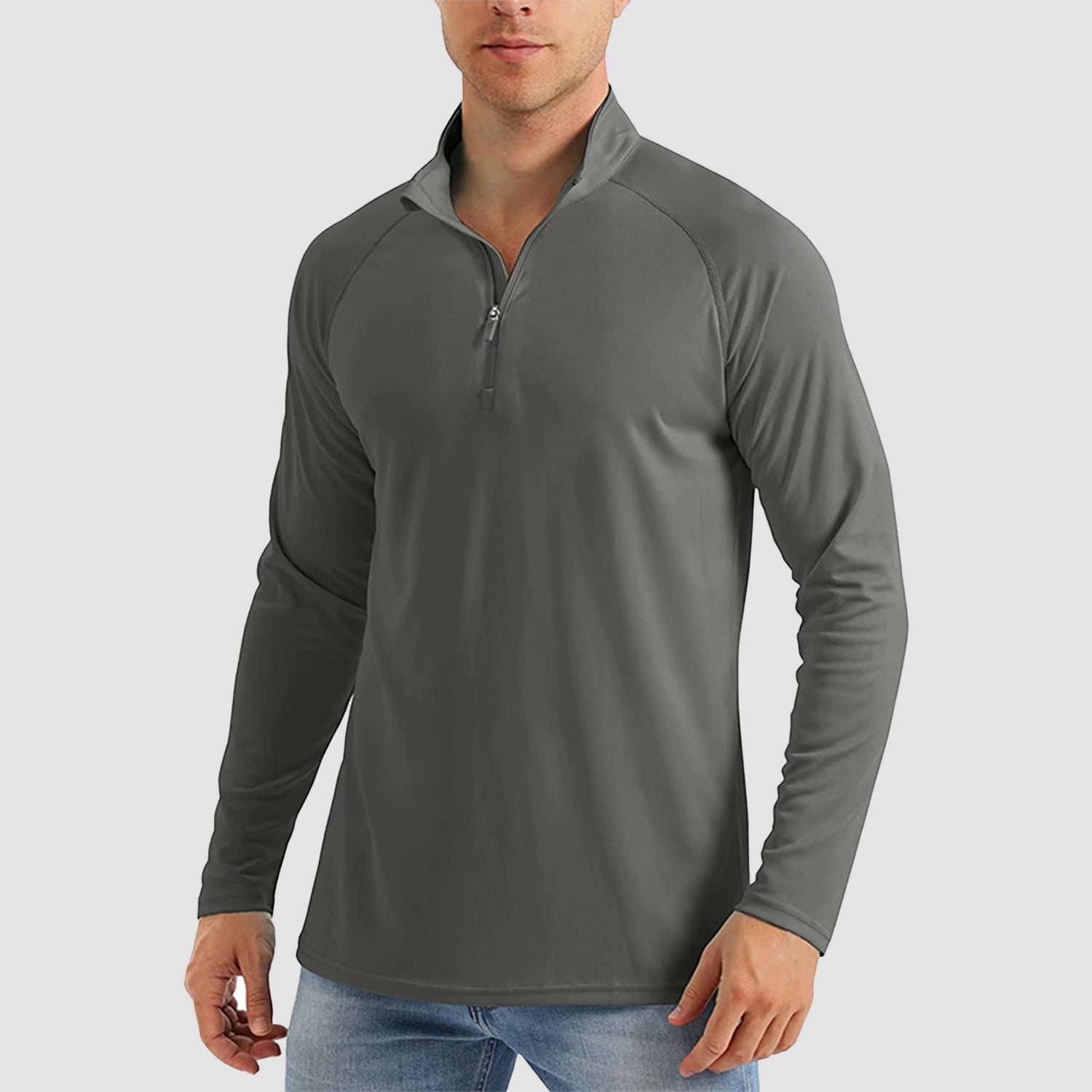 Men's white UPF50+ quarter zip sun shirt, loose fit cooling breathable fabric for outdoor sports