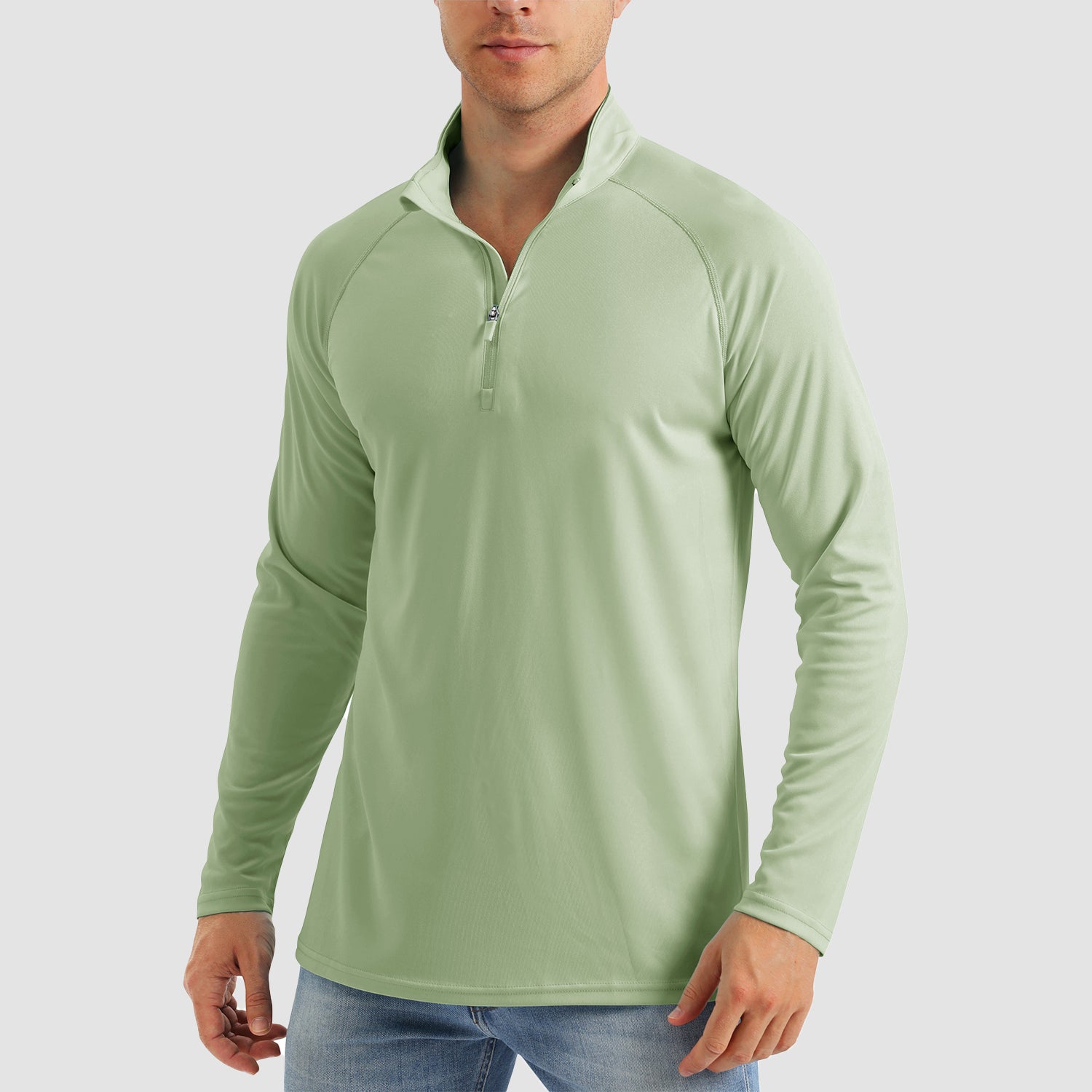 Men's light blue UPF50+ sun shirt, loose fit quarter zip with moisture-wicking breathable fabric