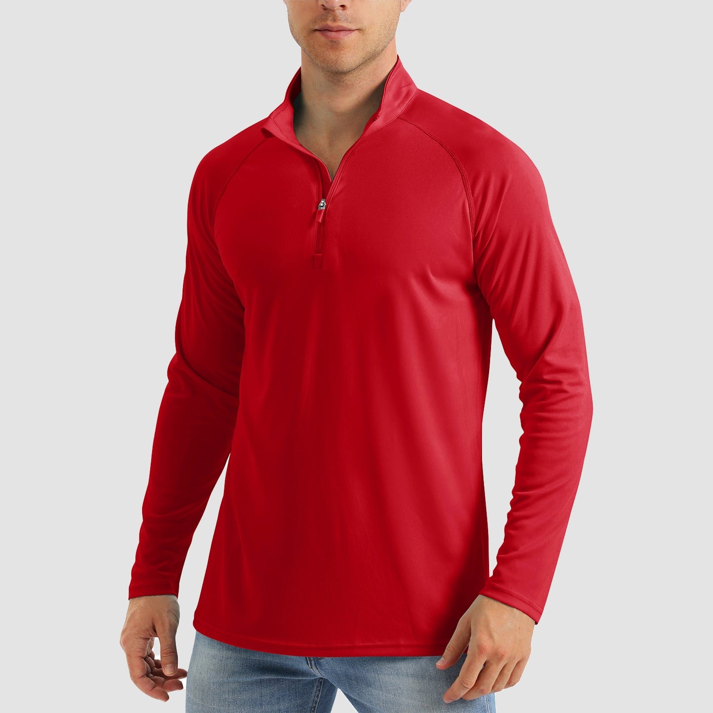 Men's light blue UPF 50+ quarter-zip sun shirt, lightweight moisture-wicking long sleeve for outdoor wear