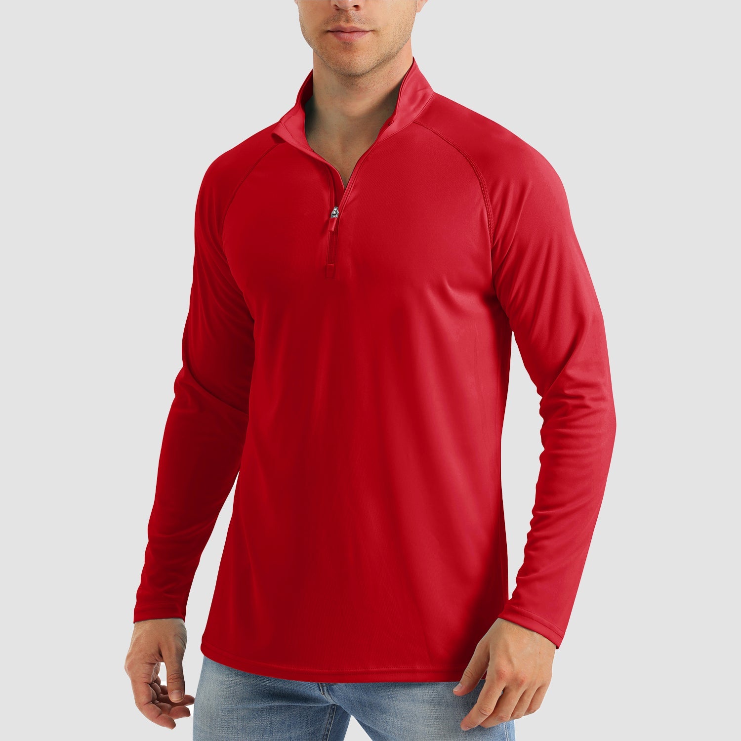 Men's light blue UPF 50+ quarter-zip sun shirt, lightweight moisture-wicking long sleeve for outdoor wear