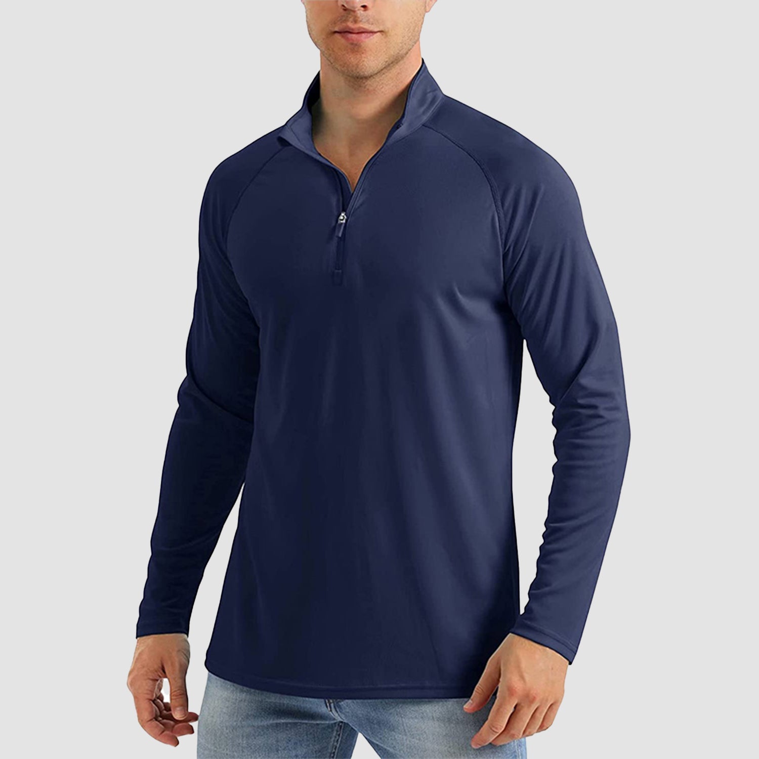 Men's UPF50+ sun shirt light blue quarter zip loose fit cooling breathable long sleeve outdoor top